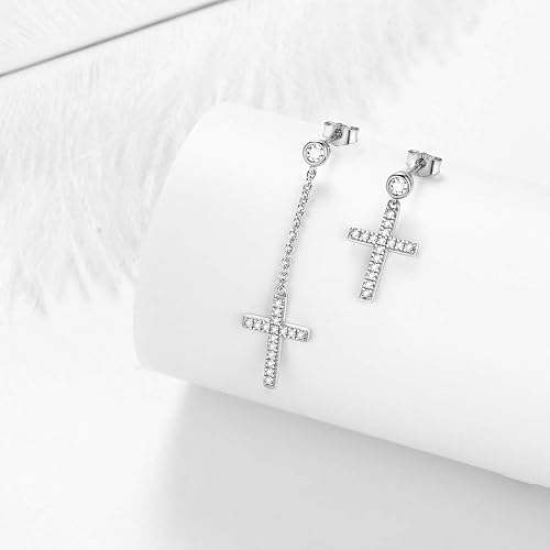 Mens Small Cross Earrings,925 Sterling Silver Earrings Dangle for Men Women,Crystal Drop Cross Hoop Earrings Fashion Earrings Jewelry