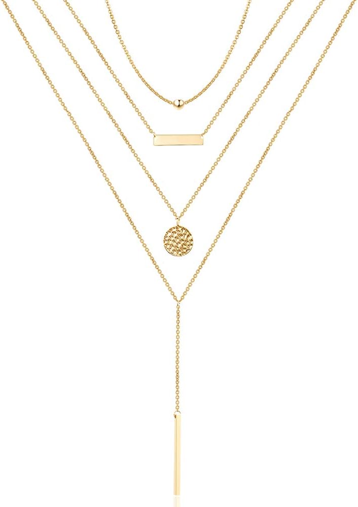 Dainty Layered Choker Necklace, Handmade 14K Gold Plated Y Pendant Necklace Multilayer Bar Disc Necklace Adjustable Layering Choker Necklaces for Women