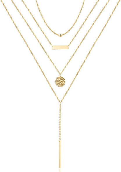 Dainty Layered Choker Necklace, Handmade 14K Gold Plated Y Pendant Necklace Multilayer Bar Disc Necklace Adjustable Layering Choker Necklaces for Women