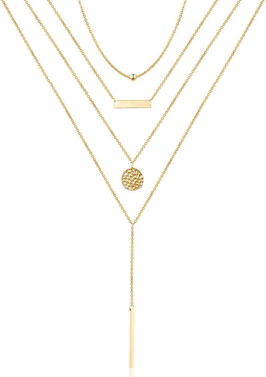 Dainty Layered Choker Necklace, Handmade 14K Gold Plated Y Pendant Necklace Multilayer Bar Disc Necklace Adjustable Layering Choker Necklaces for Women