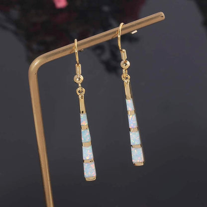 Opal Drop Earrings - Silver or Gold Plated Dangle Bar Jewelry for Women, Gems Earrings 2 1/8"