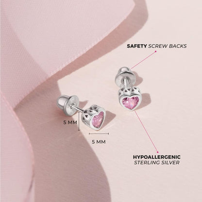 925 Sterling Silver 5Mm Girls CZ Heart Earrings Simulated Birthstone Bezel with Screw Back Stud Baby Earrings - Safety Screw Back for Toddlers - Quality Heart Cubic Zirconia Earrings for Kids