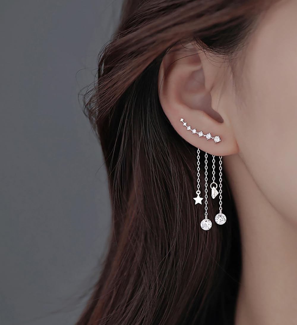 Solid 925 Sterling Silver Crawler Earrings Tassel Chain Dangle for Women Teens 7 Crystal Cuff Earrings Climber