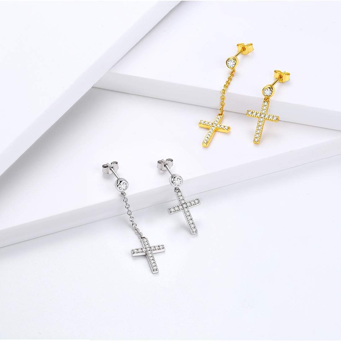 Mens Small Cross Earrings,925 Sterling Silver Earrings Dangle for Men Women,Crystal Drop Cross Hoop Earrings Fashion Earrings Jewelry