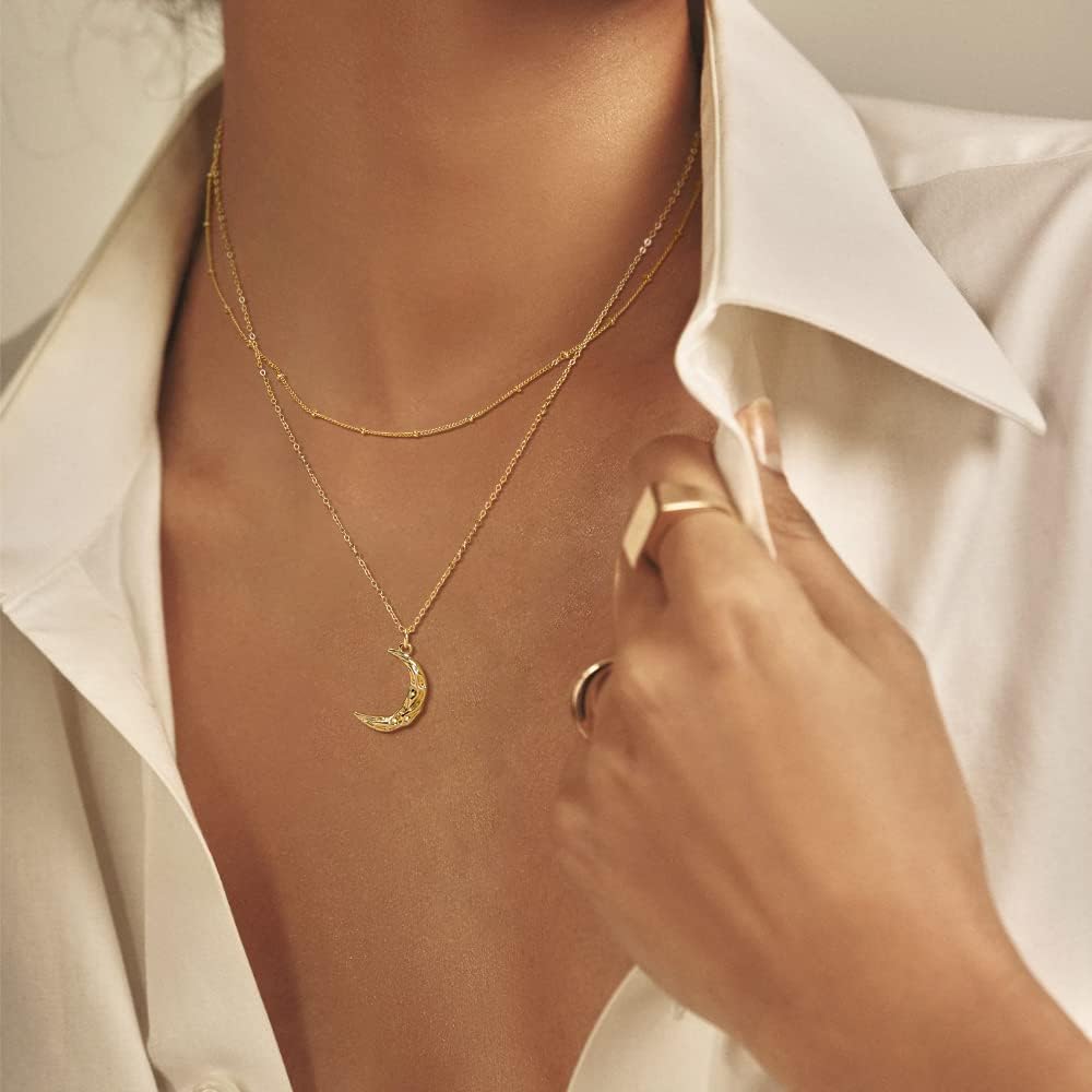 Layered Moon Star Necklace Pave CZ 14K Gold Plated Dainty Crescent Moon Star Pendant Choker Gold Coin Disc Necklace for Women