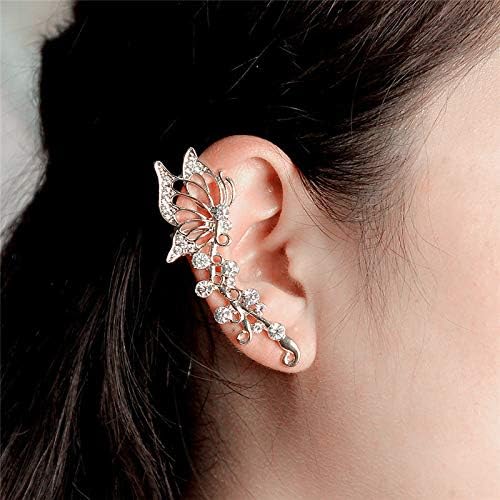 2PCS Ear Cuff Crawler Earrings for Women, Crystal Butterfly Elven Ear Cuffs Hypoallergenic Piercing Ear Cuff Earrings