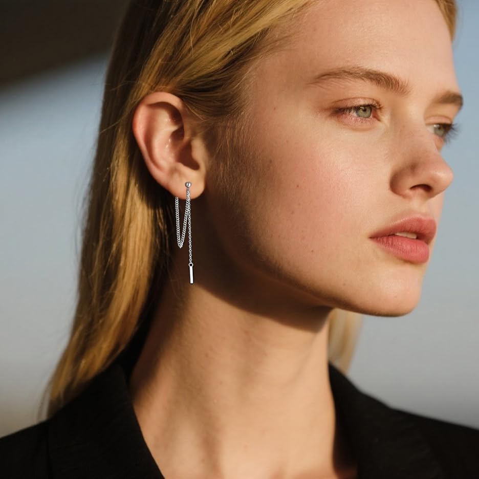 Solid 925 Sterling Silver Bar Dangle Earrings for Women Minimalist Dangle Earrings Threader Chain