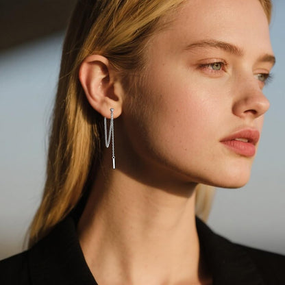 Solid 925 Sterling Silver Bar Dangle Earrings for Women Minimalist Dangle Earrings Threader Chain
