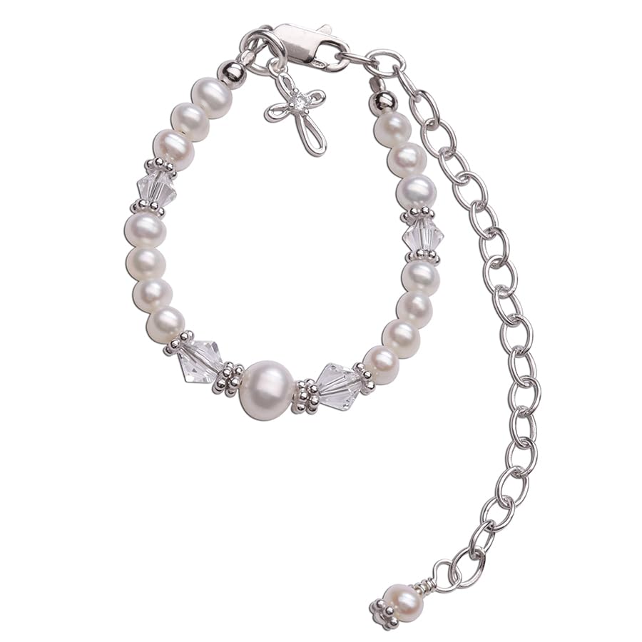 Babe to Bride Keepsake Cross Bracelet Baptism Gift for Infant Newborn Baby Girl in Sterling Silver with Cultured Pearls