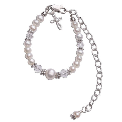 Babe to Bride Keepsake Cross Bracelet Baptism Gift for Infant Newborn Baby Girl in Sterling Silver with Cultured Pearls