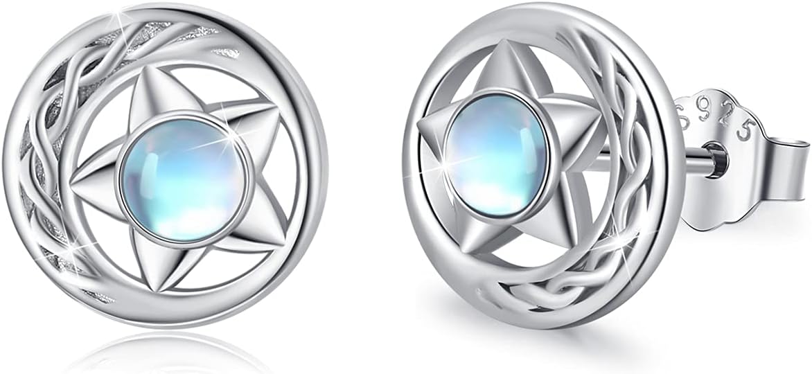Moonstone Stud Earrings Sterling Silver Rainbow Moonstone Hypoallergenic Earrings Tiny Lightweight Piercing Stud Jewelry for Women Friend with Gifts Box