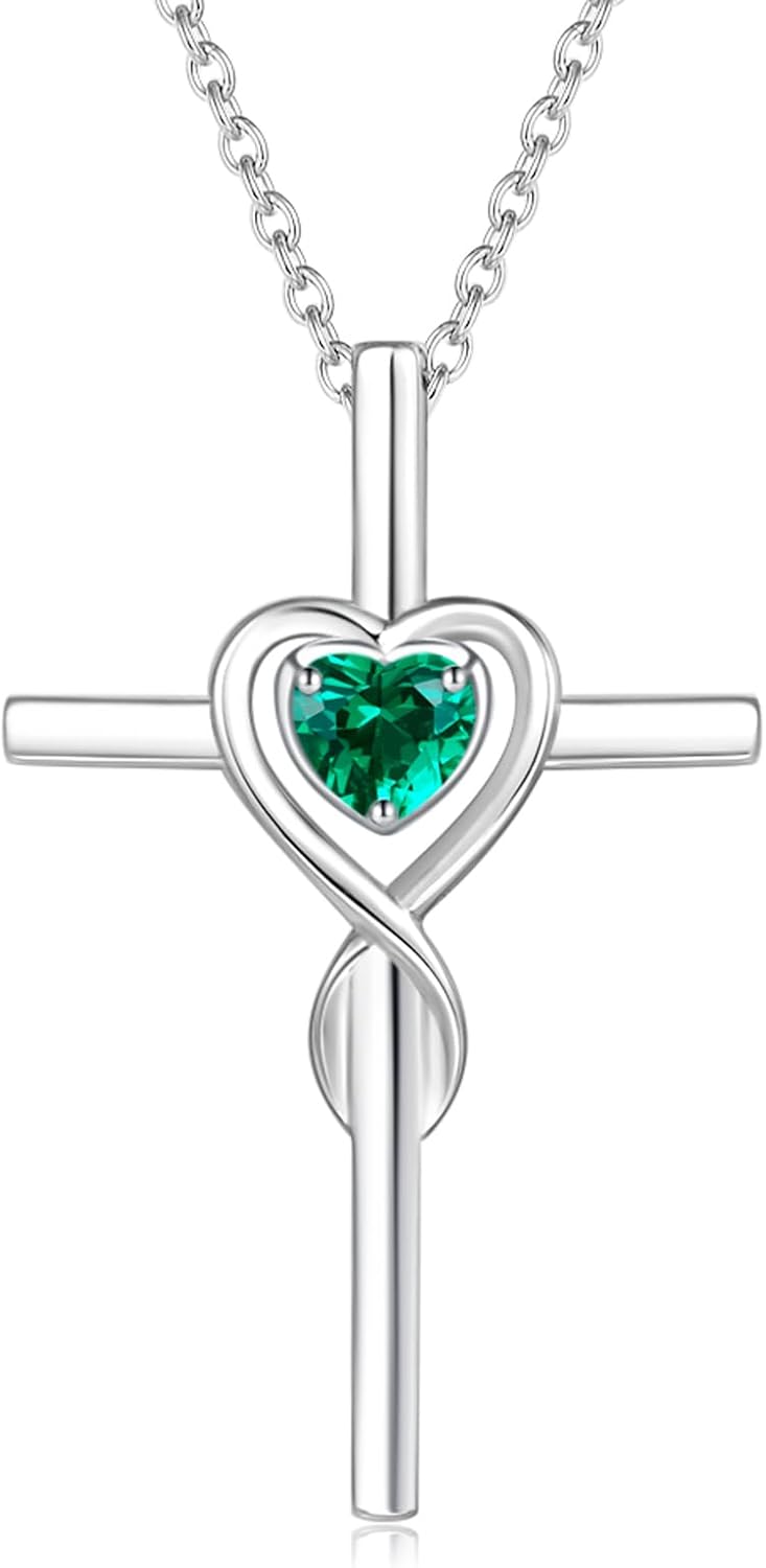 Birthstone Cross Necklace for Women Birthstone Necklace Heart Infinity Cross Pendant Necklace Fine Jewelry Christmas Birthday Holiday Gifts for Her, 16"+2" Inches