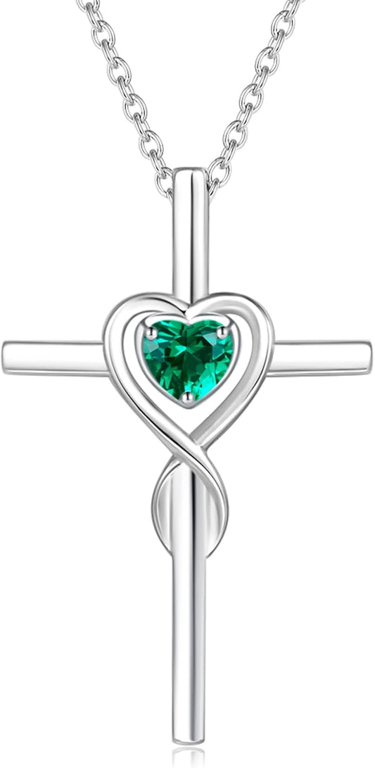 Birthstone Cross Necklace for Women Birthstone Necklace Heart Infinity Cross Pendant Necklace Fine Jewelry Christmas Birthday Holiday Gifts for Her, 16"+2" Inches