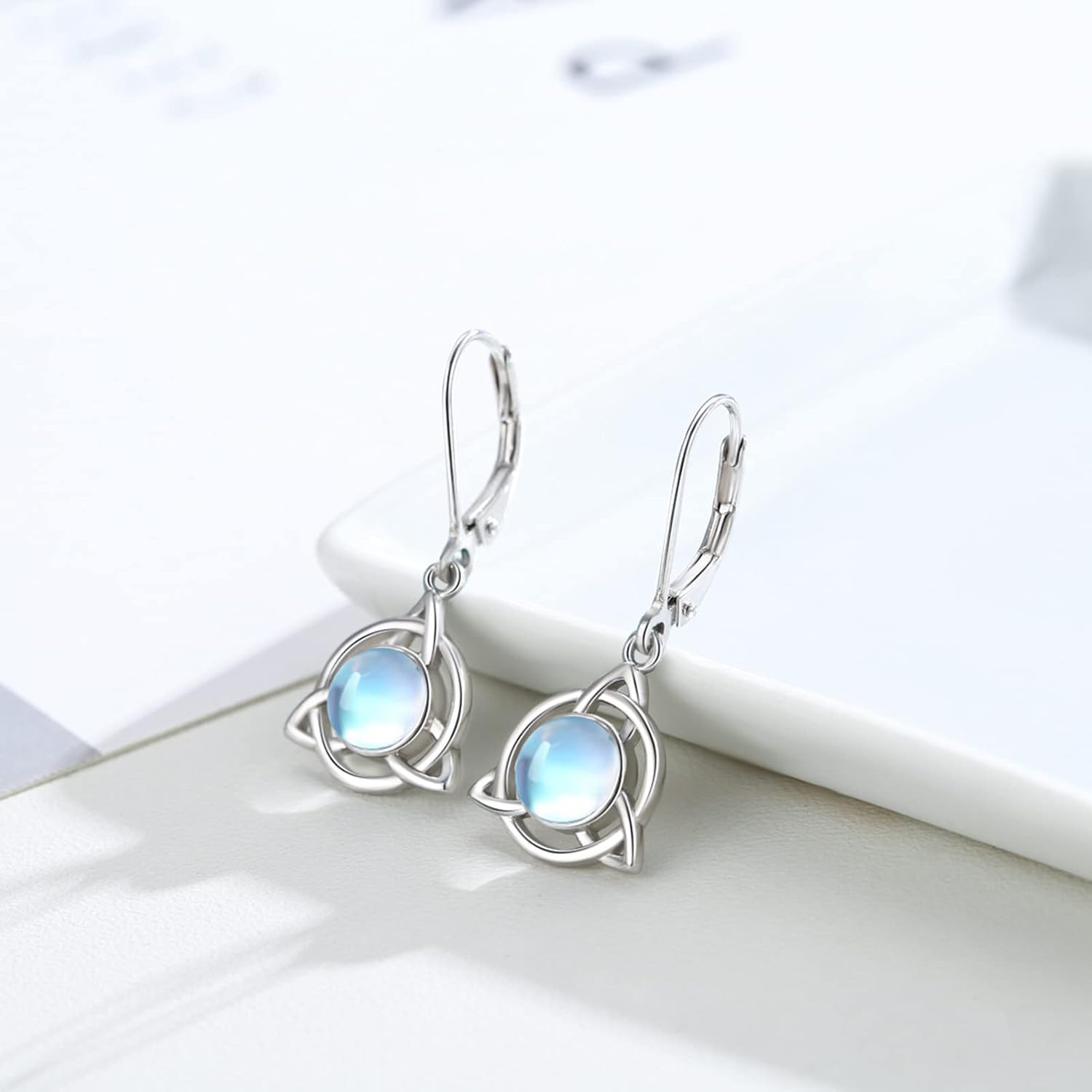 Celtic Earrings 925 Sterling Silver Moonstone/Turquoise Earrings Celtic Knot Leverback Earring Moonstone Celtic Jewelry for Girls Womens