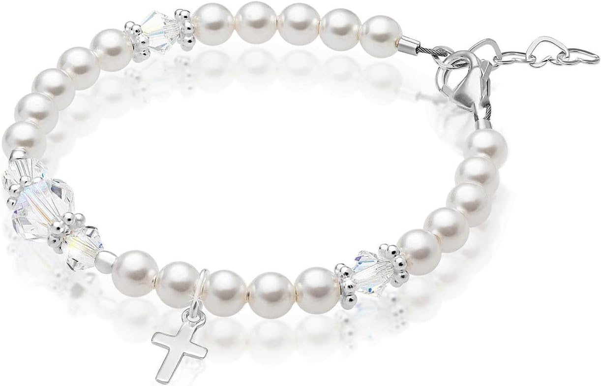 Elegant Sterling Silver Cross Charm Baptism Bracelet - Baptism Gifts for Girl with White Simulated Pearls and European Crystals, Girls Jewelry, Bracelets for Girls