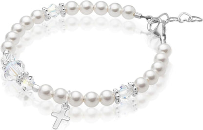 Elegant Sterling Silver Cross Charm Baptism Bracelet - Baptism Gifts for Girl with White Simulated Pearls and European Crystals, Girls Jewelry, Bracelets for Girls