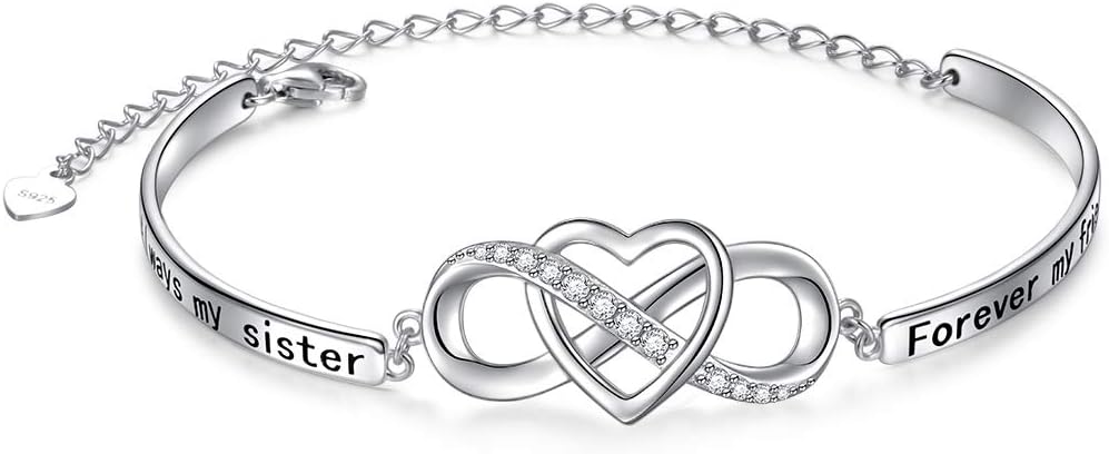 Mothers Day Gifts 925 Sterling Silver Infinity Love Heart Bracelet with Inspirational Message for Mother Daughter Sister Wife, Adjustable Length Bangle Bracelets Friendship Jewelry for Women Girls