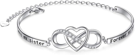 Mothers Day Gifts 925 Sterling Silver Infinity Love Heart Bracelet with Inspirational Message for Mother Daughter Sister Wife, Adjustable Length Bangle Bracelets Friendship Jewelry for Women Girls