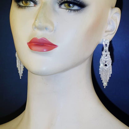 Silver Teardrop Crystal Long Tassels Dangle Earrings Sparkling Rhinestone Ladies Gifts