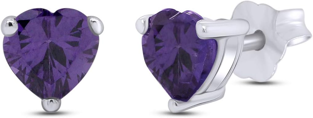 5MM Heart Shape Simulated Birthstone Stud Earrings in 14K White Gold over Sterling Silver, Gift for Her