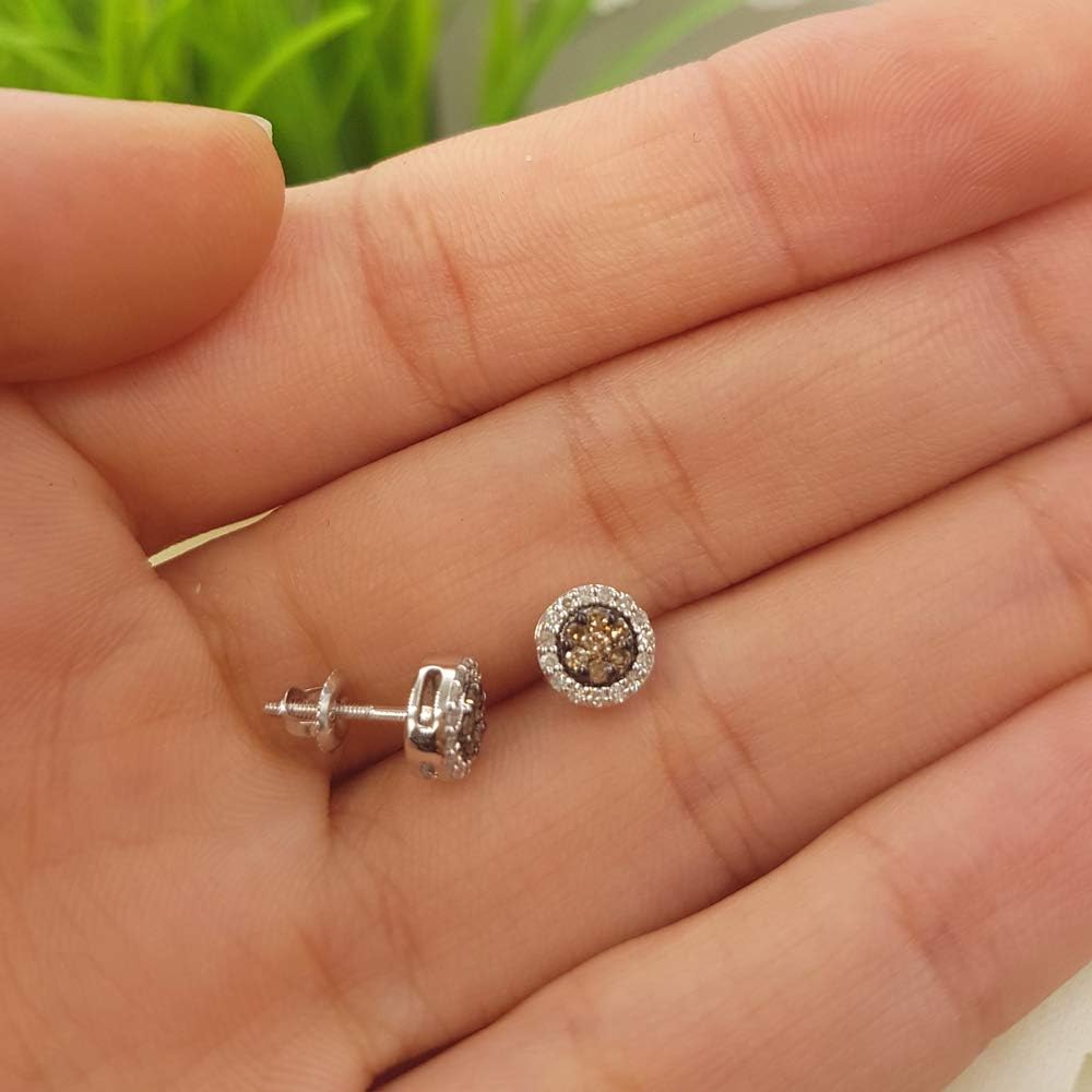 0.30 Carat (Ctw) round Champagne and White Diamond Ladies Cluster Stud Earrings 1/3 CT
