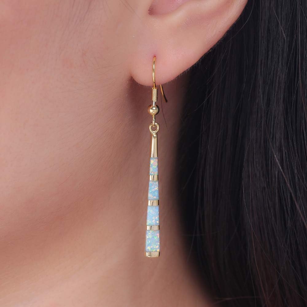 Opal Drop Earrings - Silver or Gold Plated Dangle Bar Jewelry for Women, Gems Earrings 2 1/8"