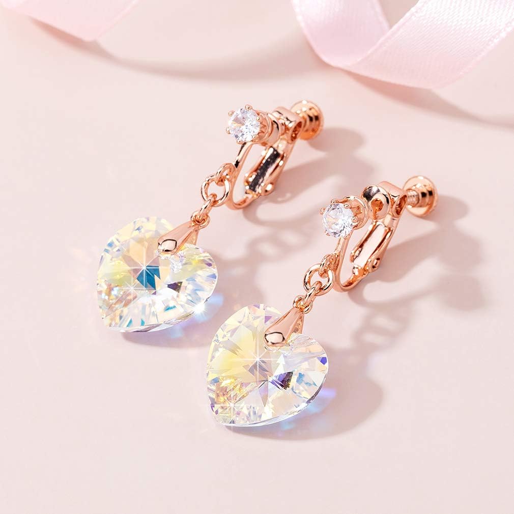 Austrian Crystal Heart Drop Clip on Dangle Earrings for Women Non Pierced 14K Rose Gold Plated Hypoallergenic Jewelry