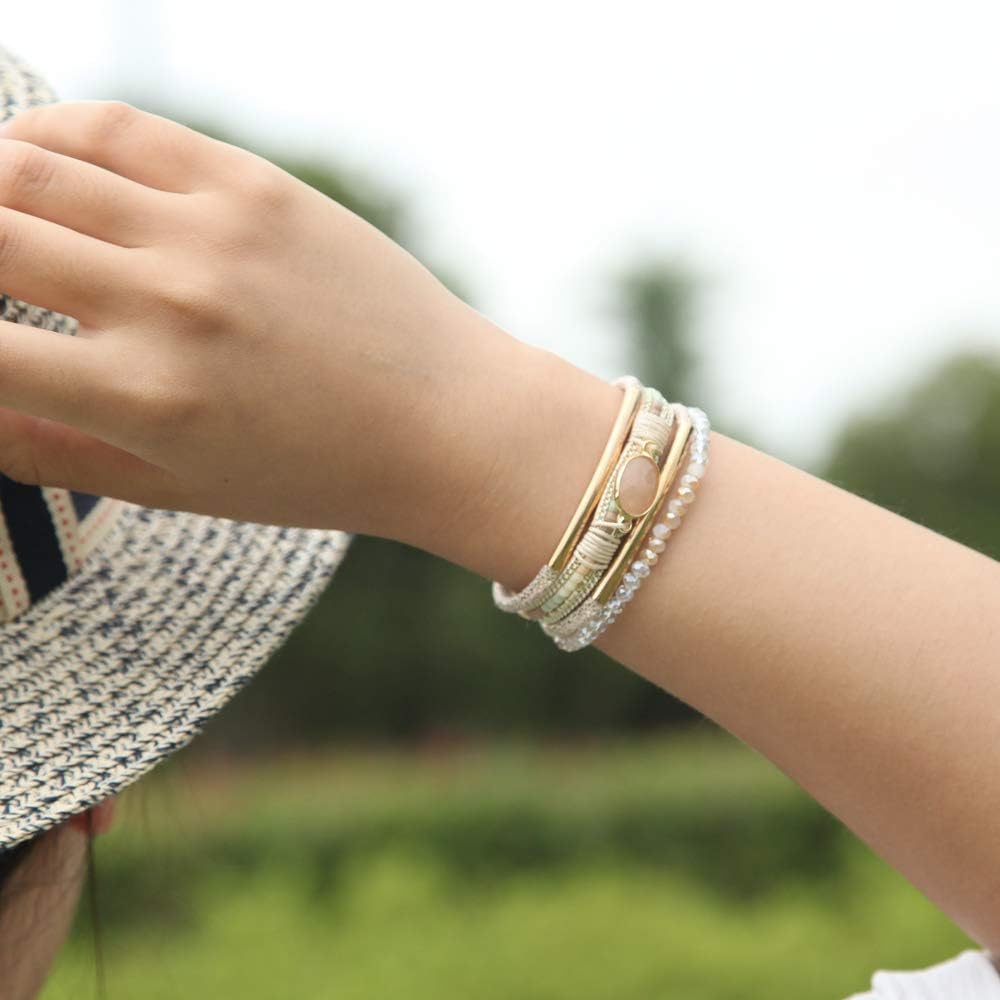 Leather Wrap Bracelets Crystal Beads Bracelet Boho Cuff Stone Charm Bracelets with Clasp Costume Jewelry for Women