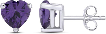 5MM Heart Shape Simulated Birthstone Stud Earrings in 14K White Gold over Sterling Silver, Gift for Her