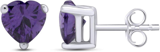 5MM Heart Shape Simulated Birthstone Stud Earrings in 14K White Gold over Sterling Silver, Gift for Her