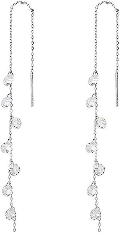 925 Sterling Silver Sparkling CZ Droplet Dangle Earrings for Women Teens Elegant Wedding Dangling Earrings Threader Tassel