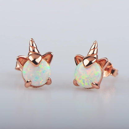 Unicorn Earrings for Girls, Hypoallergenic Fire Opal Stud Earrings  S925 Sterling Silver with Gold Mini Tiny Cute Earring Jewelry Gifts for Kids Women