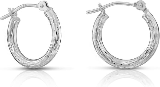 14K White Gold Hand Engraved Full Diamond-Cut round Hoop Earrings