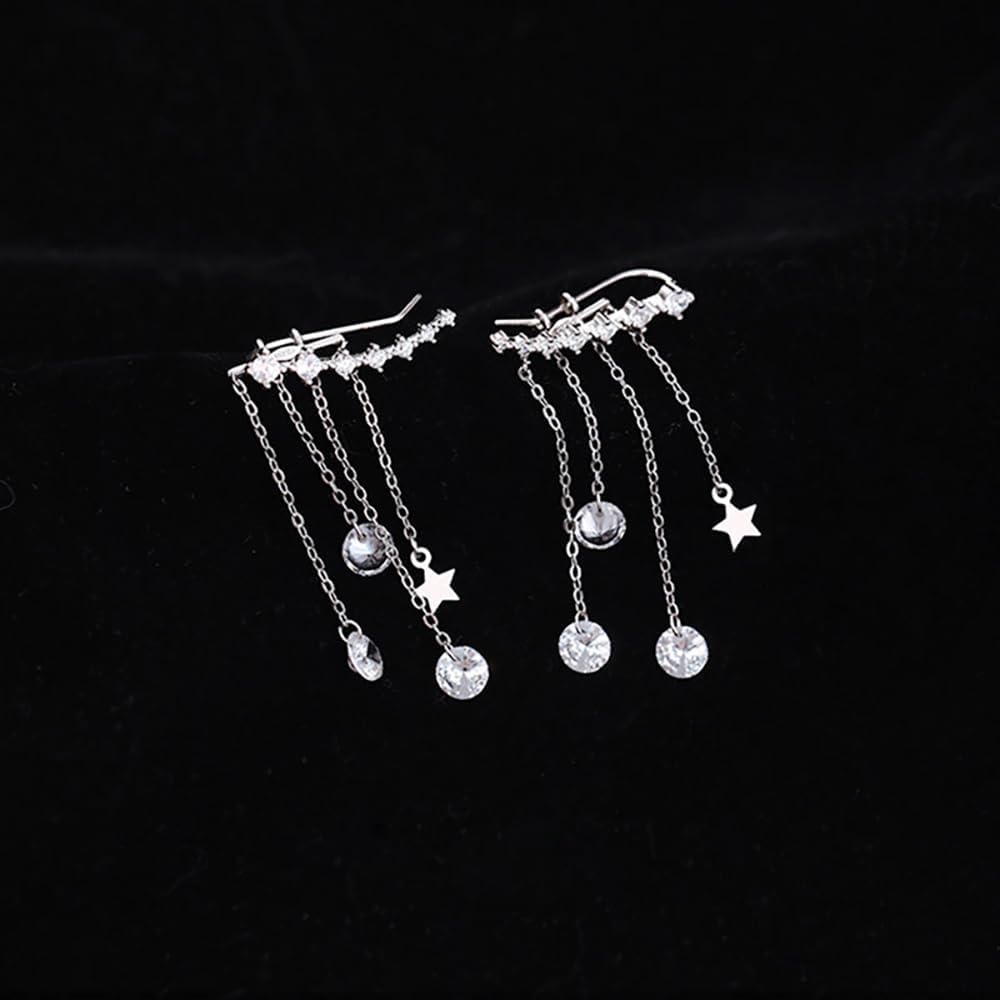 Solid 925 Sterling Silver Crawler Earrings Tassel Chain Dangle for Women Teens 7 Crystal Cuff Earrings Climber