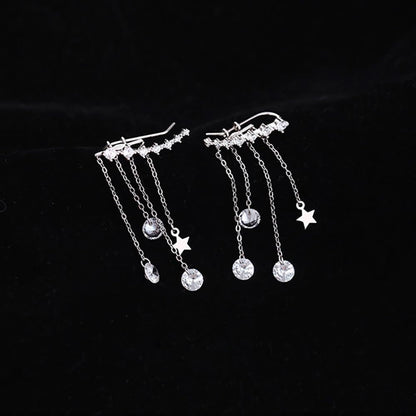 Solid 925 Sterling Silver Crawler Earrings Tassel Chain Dangle for Women Teens 7 Crystal Cuff Earrings Climber