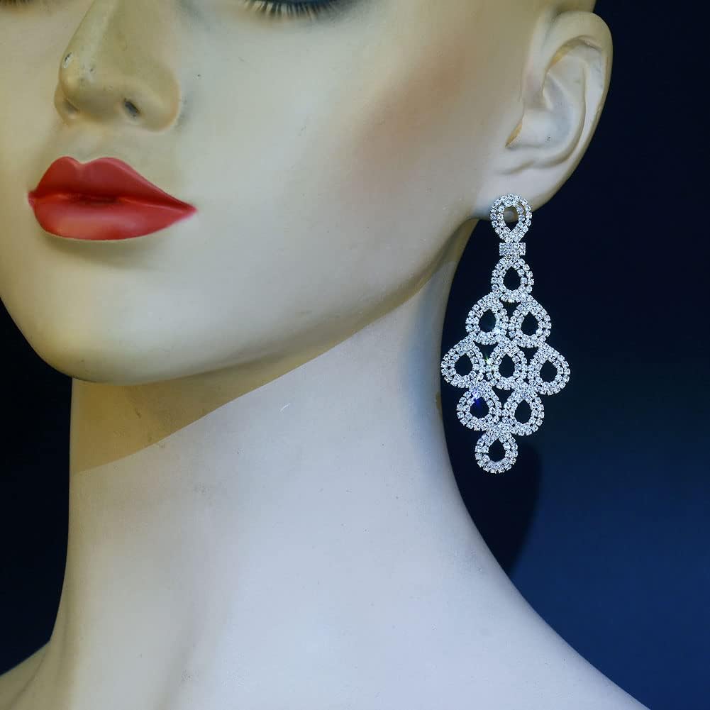 Silver Teardrop Crystal Long Tassels Dangle Earrings Sparkling Rhinestone Ladies Gifts
