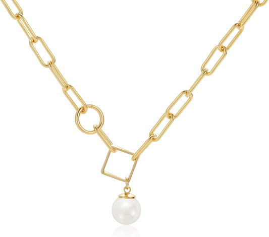 Single Pearl Pendant Necklace for Women, 16K Gold Plated Paperclip Chain Necklace
