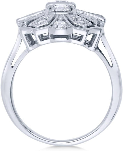 Sterling Silver CZ Navette Statement Cocktail Rings for Women, Art Deco Cubic Zirconia Ring
