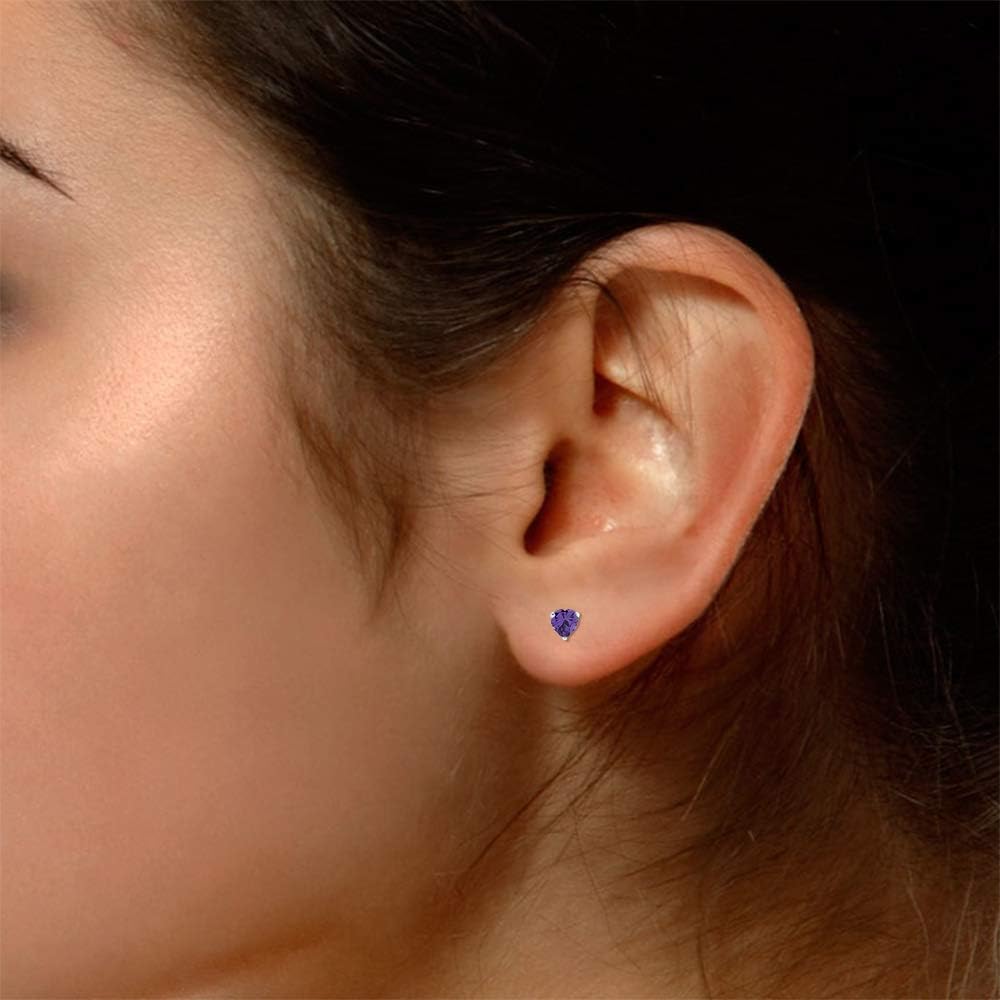 5MM Heart Shape Simulated Birthstone Stud Earrings in 14K White Gold over Sterling Silver, Gift for Her