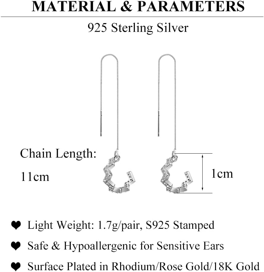 925 Sterling Silver Wave Cuff Earrings Wrap Tassel Earrings for Women Dangle Earrings Threader Chain