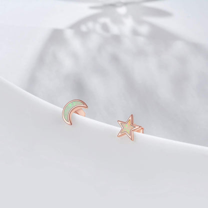 925 Sterling Silver Moon Star Sun Earrings, Opal Celestial Studs Earrings Delicate Moon Star Sun Earrings Jewelry Birthday Graduation Gift for Women