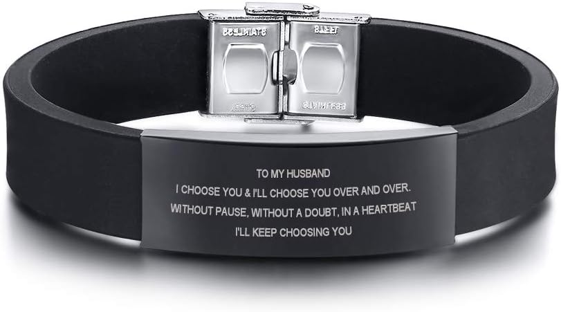 Valentines Day Gift for Husband : to My Husband Gift from Wife I Will Keep Choosing You Love Quote Engraved Personalized Handsome Black Silicone Bracelet Wristband for Him, Gift from Wife