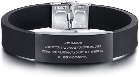 Valentines Day Gift for Husband : to My Husband Gift from Wife I Will Keep Choosing You Love Quote Engraved Personalized Handsome Black Silicone Bracelet Wristband for Him, Gift from Wife