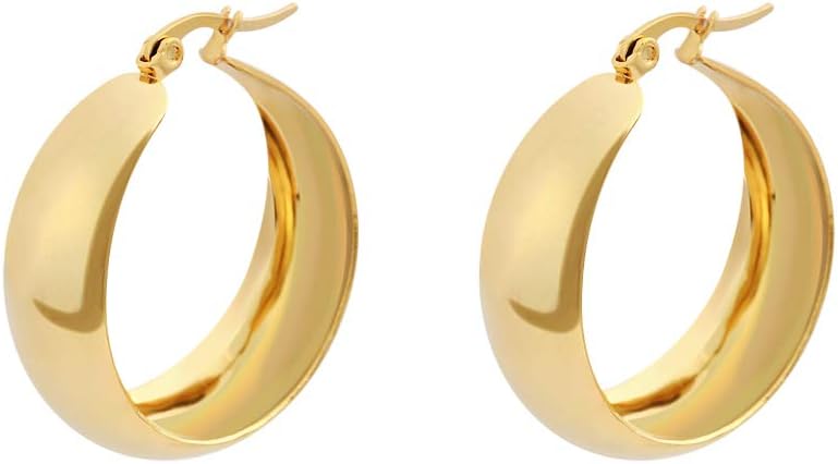 18K Gold Plated Lead-Free Hypoallergenic Wide Large Rounded Hoop Earrings with Click-Top