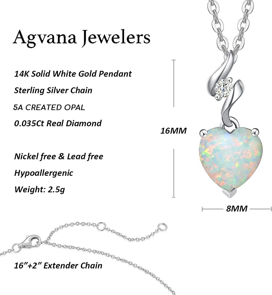 14K Solid White Gold Diamond Gemstone Pendant with Sterling Silver Chain 8Mm Heart Birthstone Necklace Fine Jewelry Anniversary Birthday Gifts for Women Mom Wife