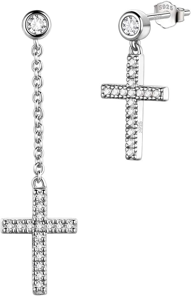 Mens Small Cross Earrings,925 Sterling Silver Earrings Dangle for Men Women,Crystal Drop Cross Hoop Earrings Fashion Earrings Jewelry