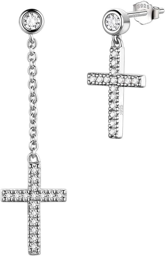 Mens Small Cross Earrings,925 Sterling Silver Earrings Dangle for Men Women,Crystal Drop Cross Hoop Earrings Fashion Earrings Jewelry