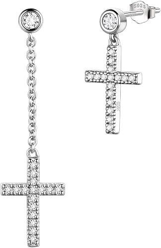 Mens Small Cross Earrings,925 Sterling Silver Earrings Dangle for Men Women,Crystal Drop Cross Hoop Earrings Fashion Earrings Jewelry