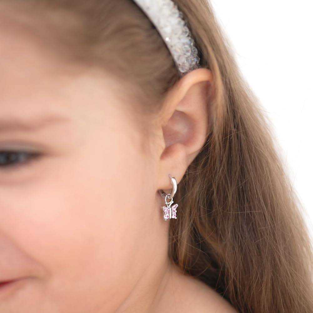 925 Sterling Silver Cubic Zirconia Butterfly Dangle Hoop Earrings for Young Girls and Pre-Teens - Pretty Butterfly Earrings for Girls