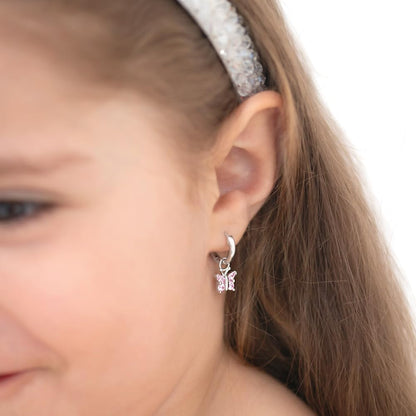 925 Sterling Silver Cubic Zirconia Butterfly Dangle Hoop Earrings for Young Girls and Pre-Teens - Pretty Butterfly Earrings for Girls